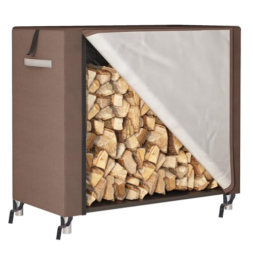 Fixwal 4ft Brown Waterproof Firewood Cover Heavy Duty Oxford Outdoor Storage Wood Rack Cover with Buckle (Log Rack Not Included)