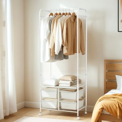 Levede Clothing Racks Stand for Hanging with Shelves,Garment Rack Heavy Duty with Wheels,Portable Closet System Organizer for Clothes Storage,Metal Free Standing Bedroom Wardrobe(White,63x37x160cm)