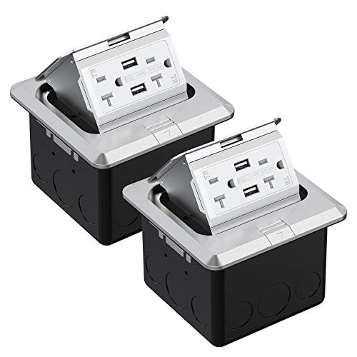 WEBANG Pop Up Floor Outlet Covers Box with 20 Amp Stainless Steel USB TR Receptacle Outlet, 2 Pack, Silver