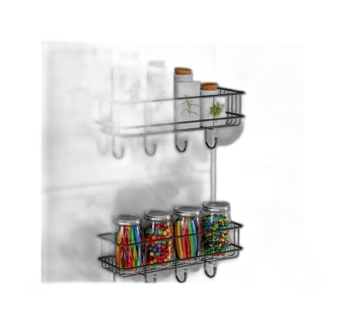 (PACK OF 2) Steel Self-Adhesive Multipurpose Bathroom Shelf with Hooks/Towel Holder/Rack/Bathroom Accessories-Wall Mount - Pack|Design - for home and kitchen