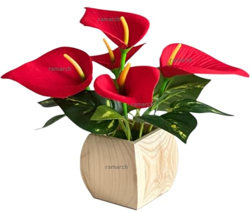 Image of Artificial Anthurium Flowers, Red Floral Arrangement with Wooden Pot, Indoor Home Decor