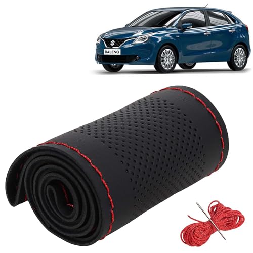 Image of KINGSWAY PU Leatherite Car Steering Cover Sewable Compatible with Maruti Suzuki Baleno (Year 2015-2018), Black Color with Red Thread, Pack of 1 with Sewing Needle and Thread