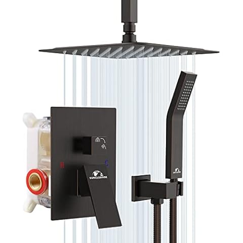 Ceiling Mounted Shower System-Brushed Nickel Shower Combo Set with 12 Inches Square Rain Shower Head, Handheld and Shower Faucet Rough-in Mixer Valve and Trim, Oil Rubbed Bronze Cover