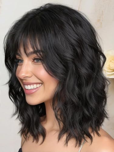 Lativ Black Wigs for Women Short Wavy Curly Bob Wig