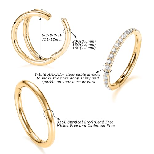 Nose Rings Hoops Gold Double Nose Hoop Ring 18G Daith Earrings Surgical Steel Cartilage Earrings with CZ Helix Piercings 3pcs Septum Clicker Rings Septum Jewelry Rook Tragus Pierxing Jewelry 6mm by PEAKLINK - Used condition - Image 2