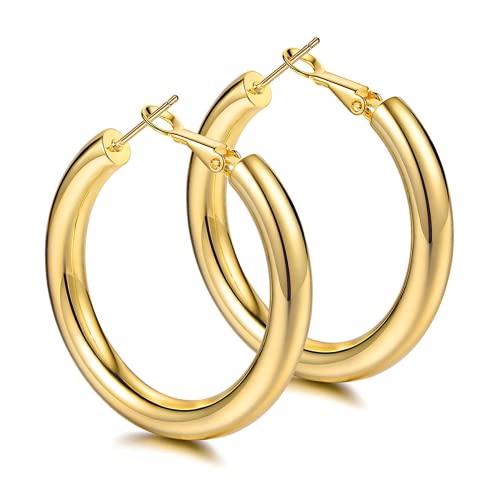 BMMYE Pendientes de aro de oro grueso, aros de oro gruesos y ligeros para mujer, pendiente de tubo hueco grande hipoalergénico de 25mm/30mm/40mm/50mm