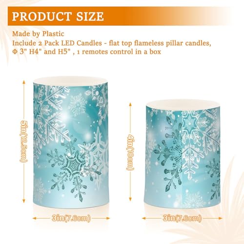Image of Christmas Lights Decorations Flameless Candles Silver Winter Teal Turquoise Snowflakes Christmas Pillar Candles Set of 2 Battery Operated Remote Control Warm Lights