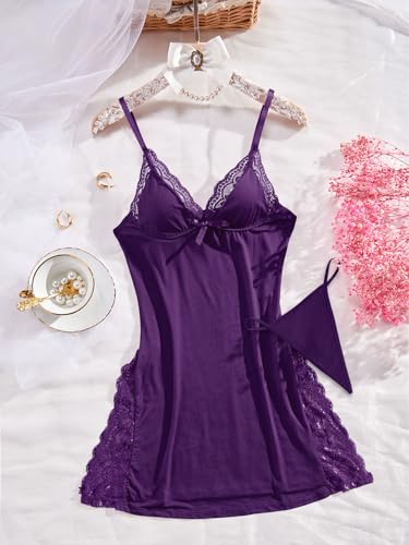 Image of Foxiny Sexy Split Side Floral Lace Trim Full Slip Night Gown Babydoll Lingerie Dress with Thong 2 piece