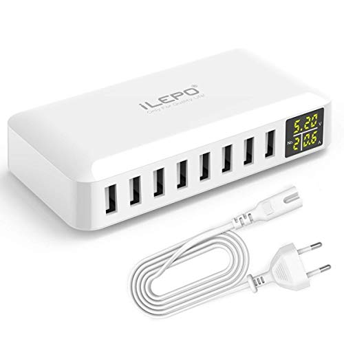 iLepo Chargeur USB 40 Watts 8A 8 Ports avec Affichage à LCD, Station de Recharge Intelligente Prise Multiple USB Compatible avec iPhone XS XR SE, iPad, Samsung Galaxy, Redmi, Téléphones Android etc.