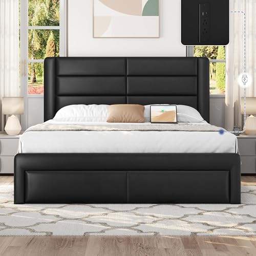 Topeakmart Queen Bed Frame with 3 Storage Drawers, Leather Upholstered,