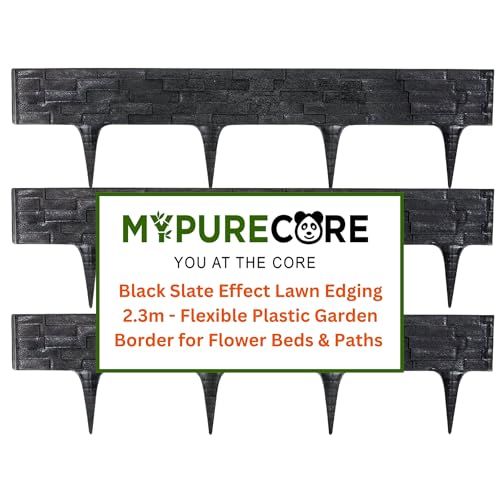 MYPURECORE Black Stone Effect Lawn Edging 2.3m - Flexible Plastic Garden Border for Flower Beds & Paths | Weather-Resistant & Recyclable Palisade | Easy Install Edging for Grass, Gravel & Landscape