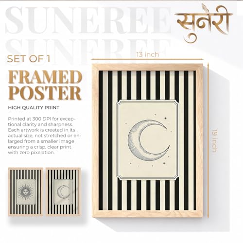 Image of Suneree Celestial Sun and Moon Wall Art Set of 2 Framed Paintings | Black Striped Tarot Style Illustration Poster | Boho Bedroom Living Room Home Decor (Art 7, 13x19 Inches)