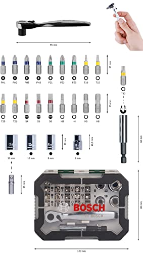 Bosch 26pc. Screwdriver Bit and Ratchet Set (PH-, PZ-, Hex-, T-, S-Bit, Accessories Drill and Screwdriver)