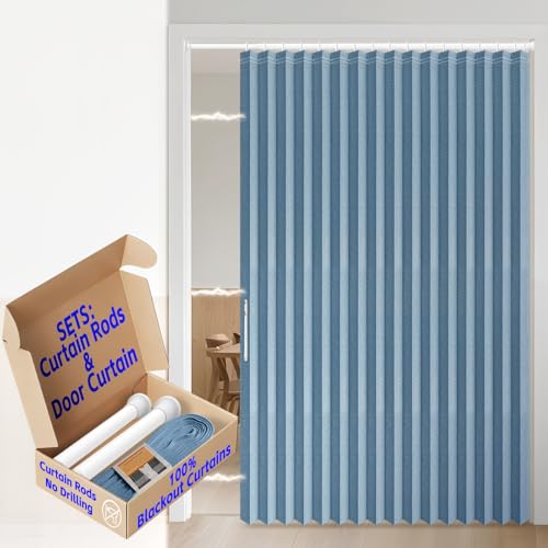 Image of Blackout Accordion Door with Curtain Rods Adjustable 28-63 inch Long Closet Door Curtain Privacy Sound Proof Curtains Suitable for Bedroom Living Room Doorway Curtain Sets (1 Pack, 72 W x 78 L, Blue)