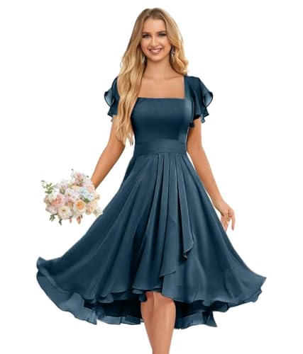 Chiffon Bridesmaid Dresses Short for Wedding with Ruffles Sleeve Square Neck Formal Party Dresses for Women GA115