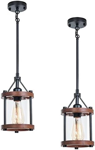 Farmhouse Pendant Light, Rustic Walnut Wood Metal Cage Hanging Light Fixtures with Glass, Adjustable for Flat and Slop Ceiling, Pendant Lighting for Kitchen Island Foyer Hallway,2-Pack
