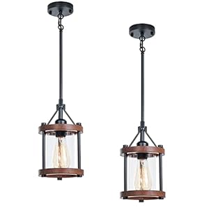 Farmhouse Pendant Light, Rustic Walnut Wood Metal Cage Hanging Light Fixtures with Glass, Adjustable for Flat and Slop Ceiling, Pendant Lighting for Kitchen Island Foyer Hallway,2-Pack Farmhouse Pendant Light Rustic Walnut Wood Metal Cage Hanging Light Fixtures with Glass Adjustable for Flat and Slop Ceiling Pendant Lighting for Kitchen Island Foyer Hallway2 Pack