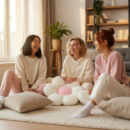 Image of AVS Sunflower Shaped 6 Kali Throw Pillow Cute Preppy Home Decorative Floor Cushion with Fibre Filling Aesthetic for Sofa Bedroom, Living Room, Car, Office (White, 50CM)