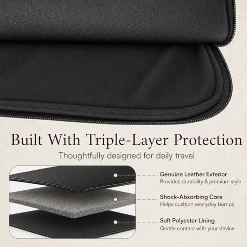 Image of ALLEN & MATE 100% Leather Laptop Case 15 Inch Laptop Sleeve fits MacBook Air /Pro 15 inch M5 /M4 /M3 /M2, MacBook Pro 14 inch, Dell, HP, Lenovo, Chromebook 14 inch-15.6 inch Computer Bag Zip Pocket - Black