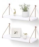 Afuly Floating Shelves for Wall, Metallic Gold White Wall Mounted Shelves, Shelves for Bathroom Kitchen Bedroom Solid Wood Metal Chic Bookshelf, Set of 2