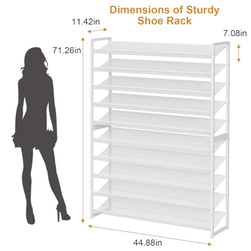 Image of Large Shoe Rack 10 Tier Shoe Organizer, Heavy Duty Metal 5-Tier Stackable Shoe Storage Vertical Shoe Rack for Closet Front Door Entrance, Up to 62 Pairs, 44.8 inch W x 11.4 inch D x 71.2 inch H, White