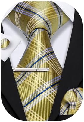 Barry.Wang Men Ties Stripe Check Silk Necktie Pocket Sqaure Cufflink Tie-Clip 4PCS Set Classic Business Wedding Necktie
