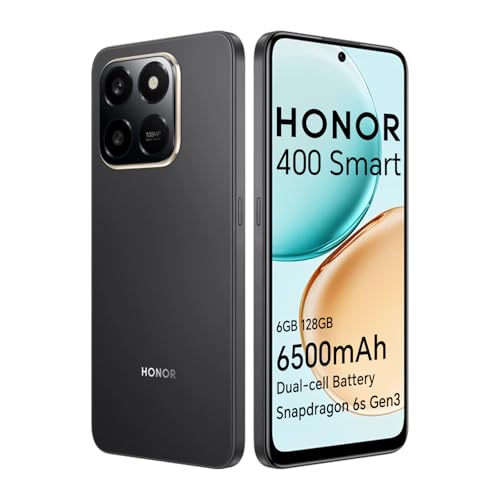 HONOR 400 Smart 4G Smartphone, 6GB 128GB Dual SIM NFC, Batería de Doble Célula de 6500mAh, 108MP+2MP con Botón AI Teléfono, Pantalla LCD TFT de 6,77' y 120Hz, 5 Stars SGS&IP54, Android 15, Negro