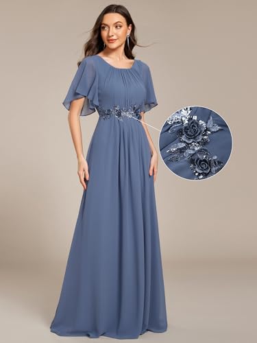 Image of Ever-Pretty Women's Classic Round Neck Pleated Short Sleeves Chiffon Appliques Floor Length A Line Formal Evening Dresses