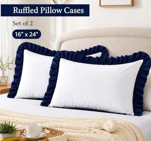 Image of Ruffled Pillow Cases Dule Tone Set of 2, White & Navy - Pillow Shams Brushed Microfiber Edge Ruffled Soft Pillow Cover with Envelope Closure for Bedding Decor 16 inch x 24 inch