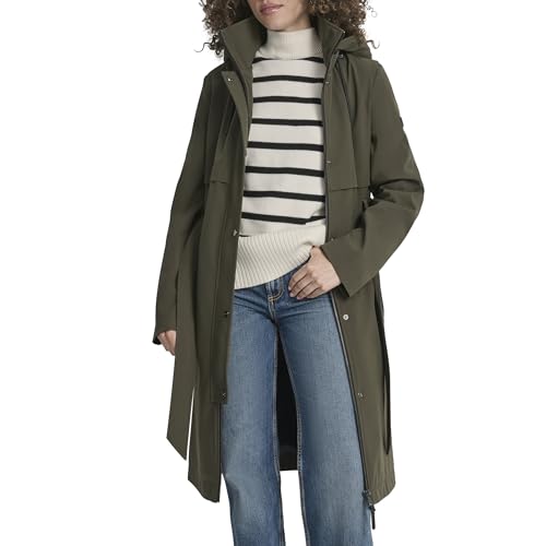 DKNY Women's Hooded Belted Trench Coat – Long Water-Resistant Lightweight Jacket with Pockets, Loden, L