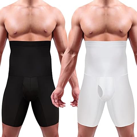 2 Pcs Men Tummy Control Shorts High Waist Slimming Shapewear Stomach Compression Underwear for Men, Black, White, L Cover