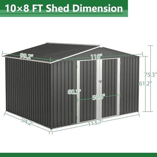 8x10 FT Metal Outside Sheds & Outdoor Storage,Outdoor Storage Shed,Galvanized Steel for Backyard, Patio, Lawn, Tool Shed with Lockable Door for Trash Can, Bike, Lawnmower