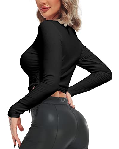 STARBILD Damen Laufshirt Sport Nahtlos mit Daumenloch Langarm, Crop Top Longsleeve Laufhemd Oberteil, Yoga T-Shirt Fitness Workout Gym, F8510-Schwarz M Cover