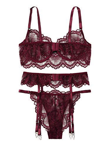 SheIn Women's 3 Piece Floral Lace Lingerie Set with Garter Belts Sexy Bra and Panty Medium Burgundy