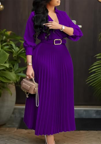 Image of Famnbro Womens Pleated Dress V Neck Long Sleeve A line Church Formal Works Business Dresses with Belt