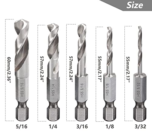 Saipe 5Pcs 1/4" Quick Change Hex Shank Metal Stubby Drill Bits Short Drill Bit Set Hss M2 For Right-Angle Drill Attachment And Used In Tight Spaces, 3/32, 1/8, 3/16, 1/4, 5/16-Inch #TOP2