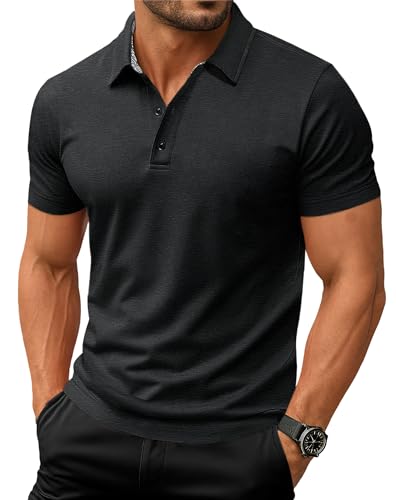 EKLENTSON Men's Outdoor Performance Polo 3 Buttons Quick-Dry Short Sleeve Casual Work Polo Shirts,Black,M