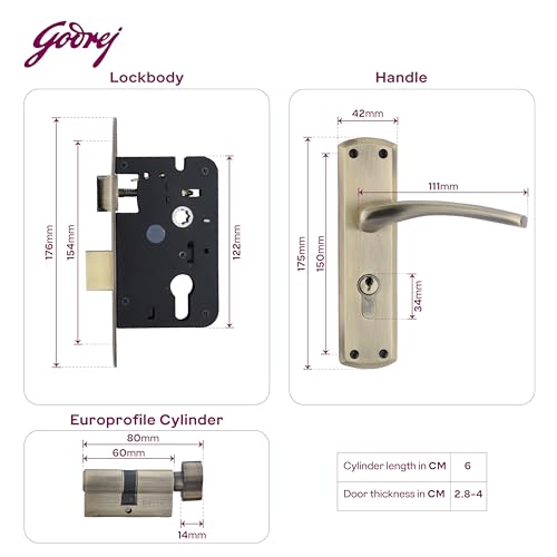 Image of Godrej Mortise Lock | BM 01 Handle Lock Set | 200mm Lockbody | Europrofile Cylinder 60mm Knob from Inside | for Home & Office | Antique Brass Finish | 3 Keys | Double-Throw Deadbolt | 5 Year Warranty