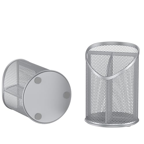 Image of Delifox 2 Pack Pen Holder Mesh Round Pencil (Silver)