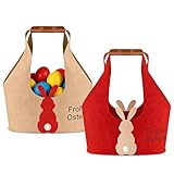 Kuvarix 2 Stück Osterkörbchen Kinder, Rot/Khaki Filzkorb Ostertüten zum Befüllen, Ostertüten mit Henkel mit Hasenmotiv, zum Verpacken von Geschenken, Partyzubehör, Eiersuche