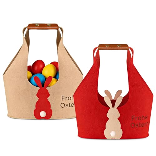 Kuvarix 2 Stück Osterkörbchen Kinder, Rot/Khaki Filzkorb Ostertüten zum Befüllen, Ostertüten mit Henkel mit Hasenmotiv, zum Verpacken von Geschenken, Partyzubehör, Eiersuche