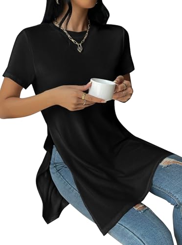 Remidoo Side Slit Tees for Women Tunic Tops Crewneck Long T Shirt Loose Fit Short Sleeve Tee4