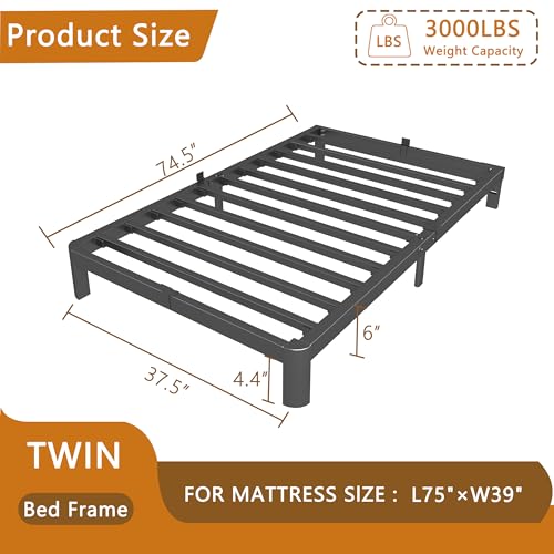 Image of 6 Inch Twin Size Bed Frame with Metal Gaskets, No Box Spring Needed, DIY Headboard, Heavy Duty Steel Slat Support, Anti-Slip Mattress Stopper, Round Corner Leg, Easy Assembly, Black