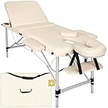tectake® Lightweight Portable Massage Table, Comfortable 3-Section Padded Folding Spa Bed with Aluminium Frame, Adjustable Massage Bed, Including Accessories - Headrest, Armrests & Storage Bag - Beige
