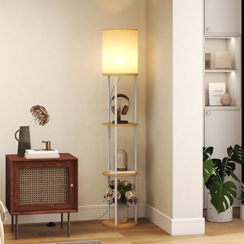 HOMCOM Lámpara de Pie con Estantes, Lámpara con 3 Temperaturas de Color, Control Remoto, para Salón, Dormitorio, Oficina, Natural