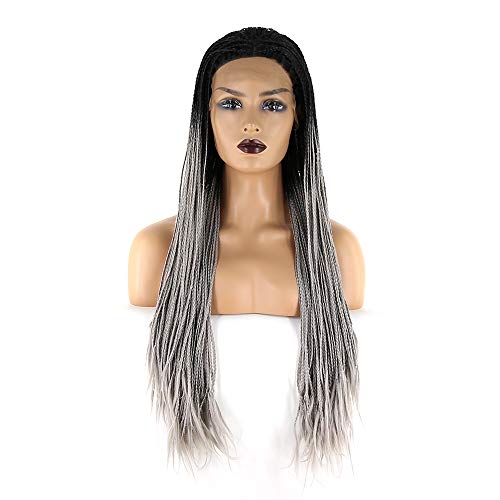 Towarm Ombre Grey Braided Wig Long Synthetic Lace Front Wigs for Black Women Heat Resistant Fiber Hair Hand Made 13x4 Micro Box Braids Wig African American Hair (24inch, Ombre Grey)