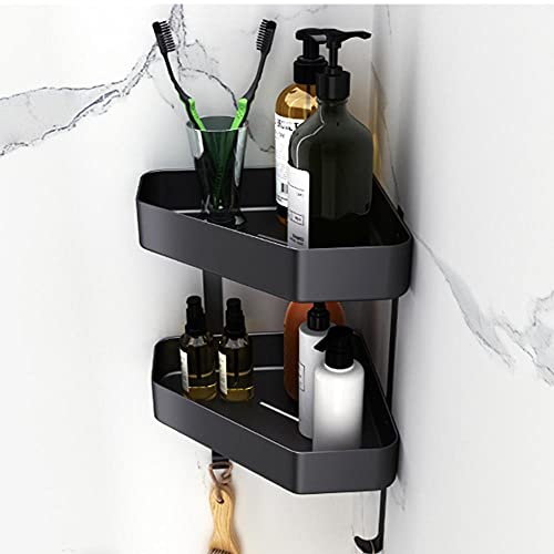 Estantes de Ducha Estante de Ducha de Esquina Estante de Ducha de Montaje en Pared con Gancho Sin Espacio de perforación Adhesivo de Aluminio para Inodoro de Cocina-Negro a