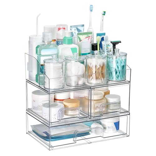 Image of Vtopmart 8 PCS Bathroom Countertop Organizer, 1 Divided Tray with 4 Qtip Holder Jars and 3 Drawers, Restroom Clear Organizers for Toothbrush, Cotton Pads, Vanity Accessories Storage Set
