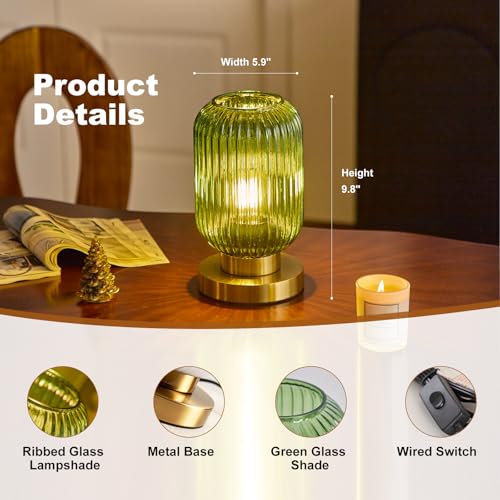 HSMKL Modern Green Ribbed Glass Table Lamps Mid Century Bedside Light Small Nightstand Lamp with Plug-in Style, E26 Night Lighting for Bedroom Living Room Tabletop — view 4