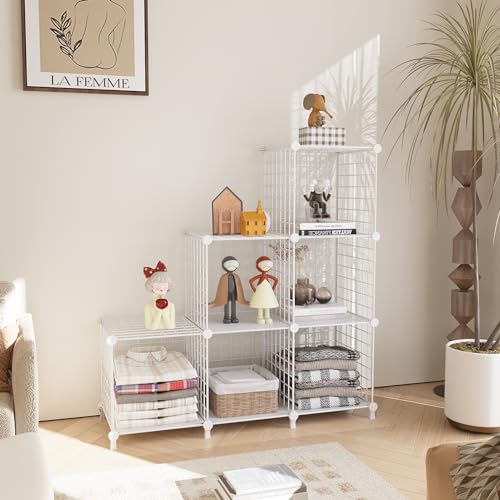 AWTATOS Regal 6 Regal Drahtwürfel Stapelbarer Regal Würfel DIY Metallgitter Würfelbuchregal Würfelregal Mit Türen Für Wohnzimmer, Schlafzimmer, Bad Weiß USCIH06WE